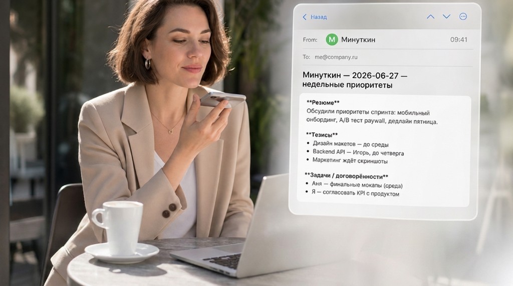 Расшифровка аудио в текст: надиктованное голосовое приходит письмом с резюме и задачами
